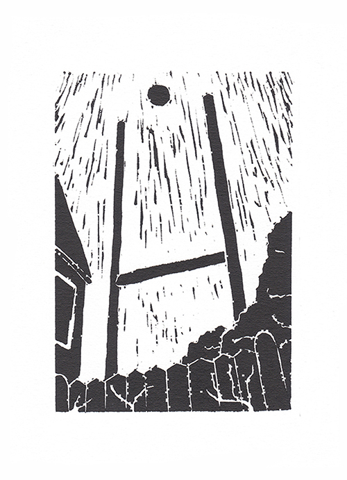 lino print of rugby posts fences print Will Dalton 