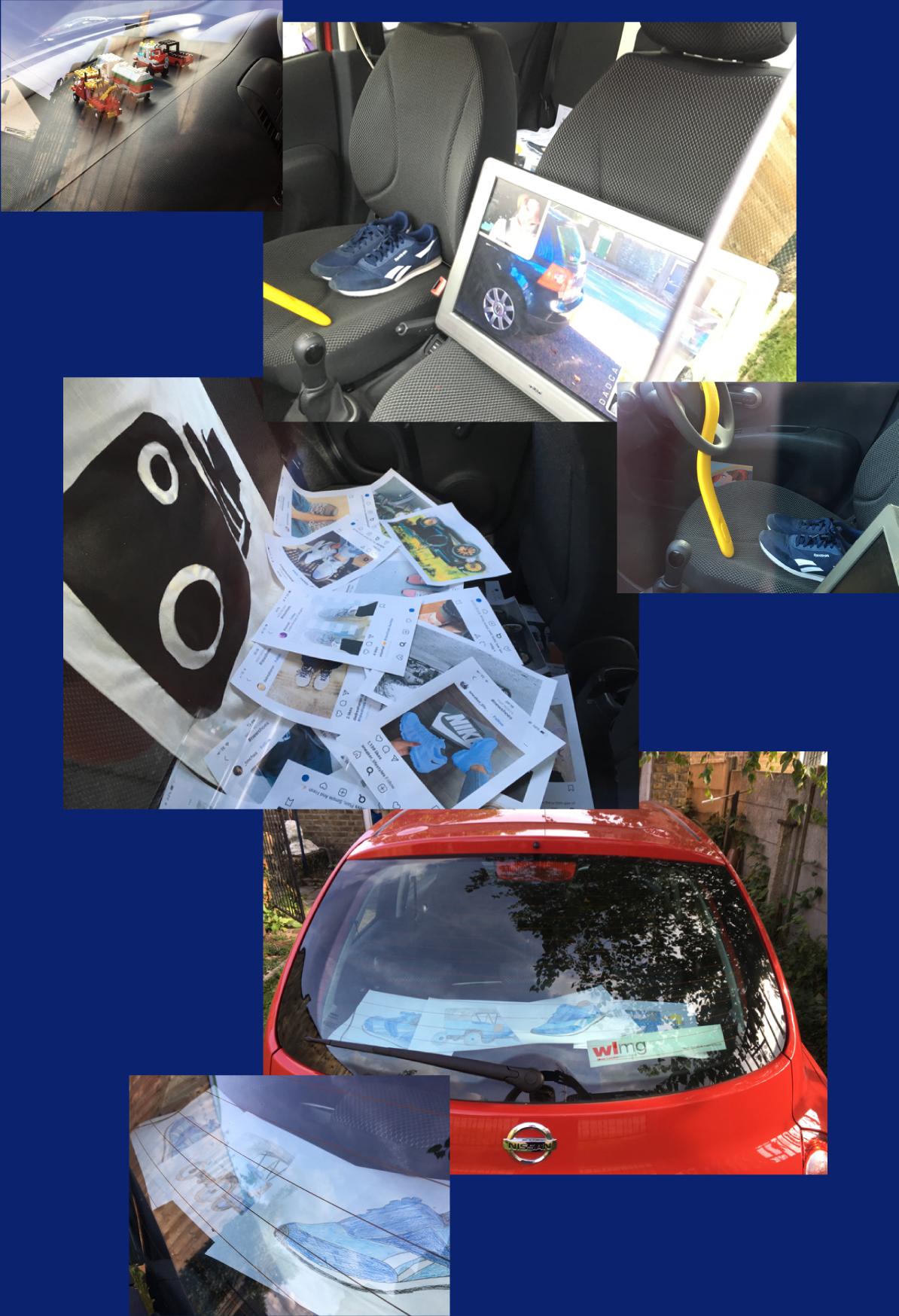 views from installation of Will Dalton art piece, all arranged in a car